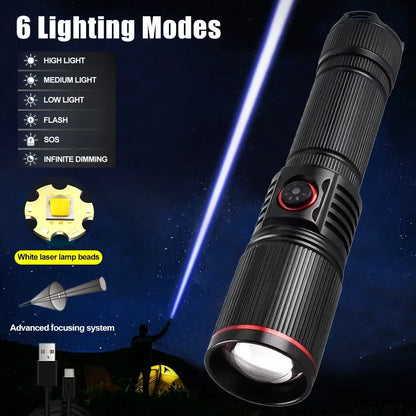 Aluminum Alloy White Laser Powerful LEP Flashlight 18650 or 21700 Battery Zoom Torch Light Lamp with Tail Rope Power Indicator