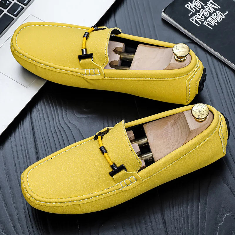 Men Yellow Suede Loafers Horse Bit Buckle Slip on Driving Shoes Casual Business Moccasins Breathable Loafers for Men
