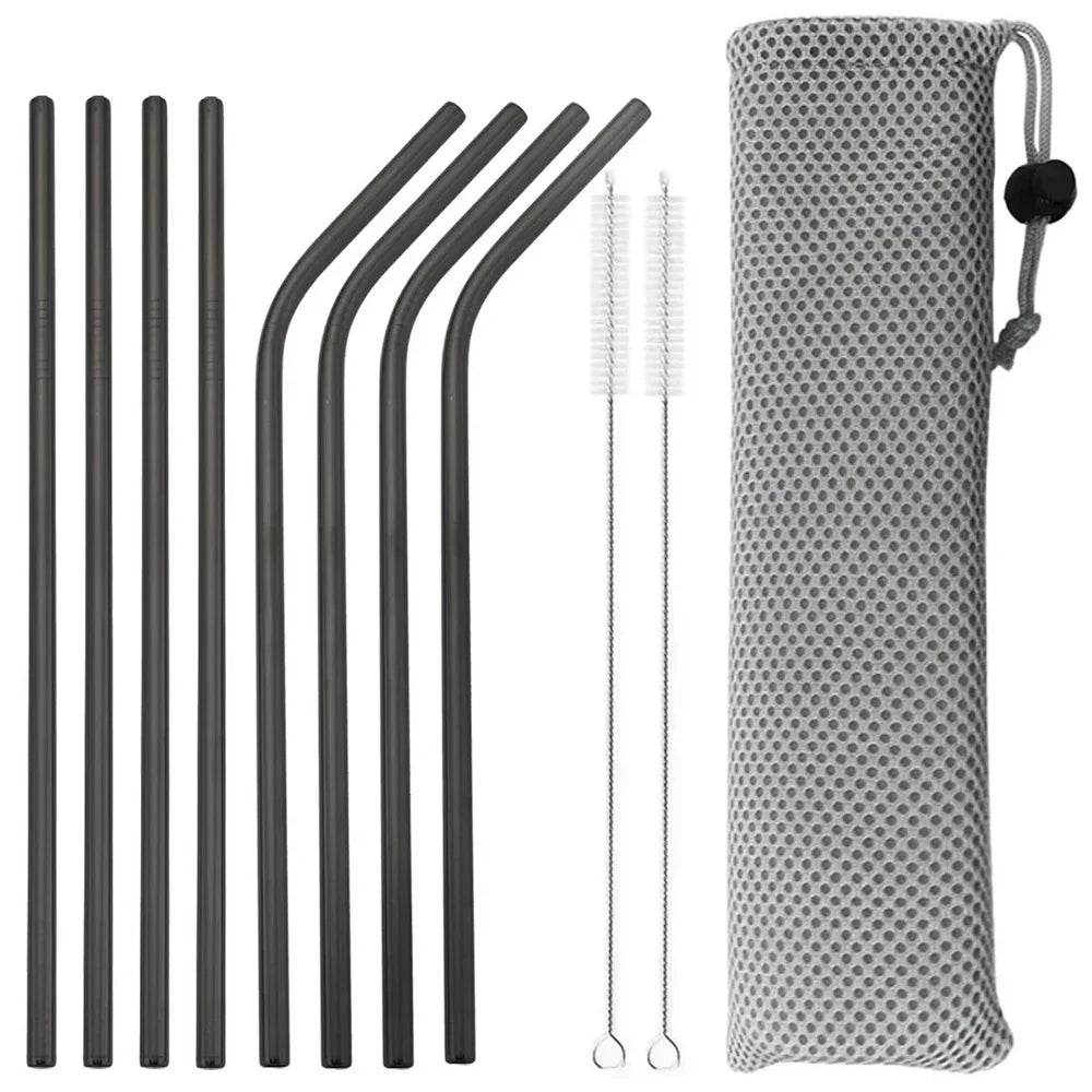 11Pcs Reusable Black Straw Set 304 Stainless Steel Straw Straight Bent Drinking Straw With Cleaning Brush Home Bar Accessory