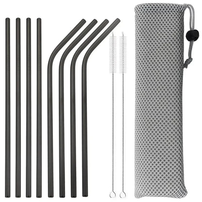 11Pcs Reusable Black Straw Set 304 Stainless Steel Straw Straight Bent Drinking Straw With Cleaning Brush Home Bar Accessory