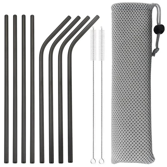 11Pcs Reusable Black Straw Set 304 Stainless Steel Straw Straight Bent Drinking Straw With Cleaning Brush Home Bar Accessory