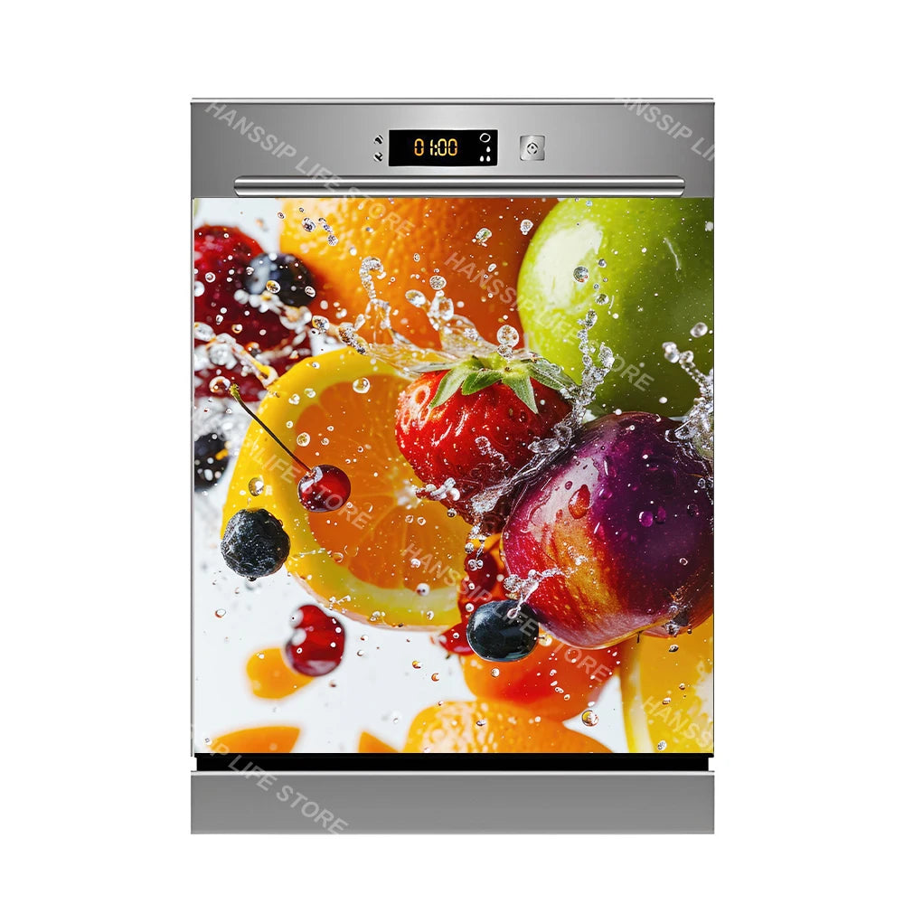 Water Splash Delicious Fruit Printed Dishwasher Sticker Wallpaper Kitchen Waterproof Dishwashing Cabinet Cover Decal Poster