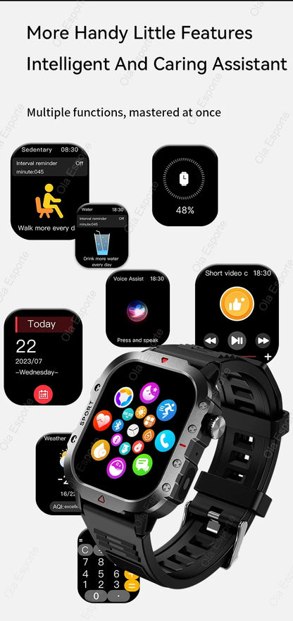 2026 New Military Smart Watch Men IP67 3ATM Outdoor Sports Fitness Tracker Blood Pressure Health Monitor BT Calls GPS Smartwatch
