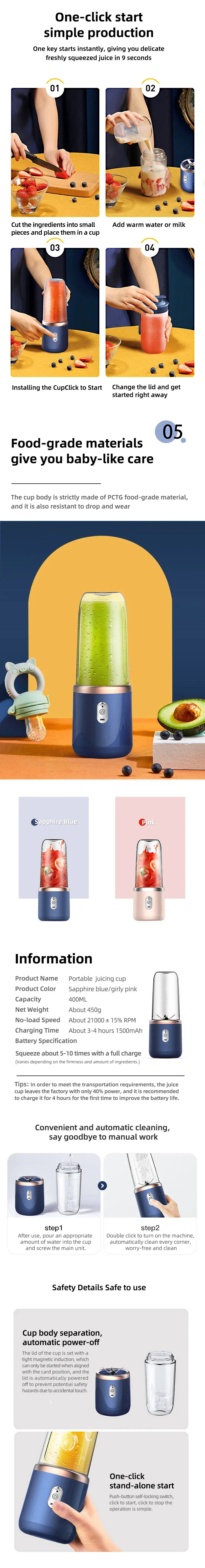 Portable Multifunction Blender Bottle Electric 6 Blades  Juice Blender Fresh Juice Smoothie Blender Ice CrushCup Food Processor