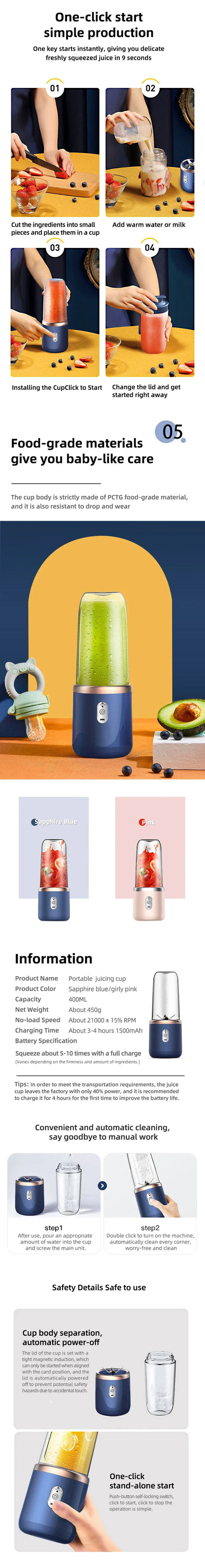Portable Multifunction Blender Bottle Electric 6 Blades  Juice Blender Fresh Juice Smoothie Blender Ice CrushCup Food Processor