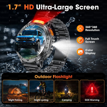1400mAh Large Battery Military Smart Watch Men 1.7"HD Bluetooth Call 10ATM Waterproof LED Flash SOS Health Monitor Sport Watches