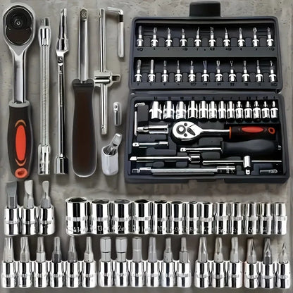 Professional 46pcs Cr-V Steel Socket Set with Ratchet Wrench Storage Bag Durable Sockets Extension Bar for Auto Home Repair