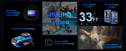 4K Underwater Camera 33FT Waterproof Camera for Snorkeling Dual-Screen Compact Dustproof Floatable Autofocus 64MP Digital Camera