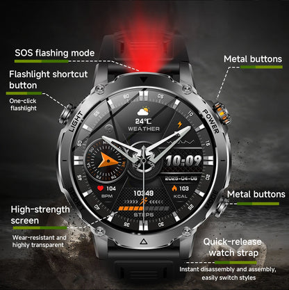 Smartwatch LIGE 2026 wojskowy, bateria 1400mAh, dla mężczyzn, latarka zewnętrzna, wodoodporność IP68, pulsometr, połączenia Bluetooth, bransoletka sportowa