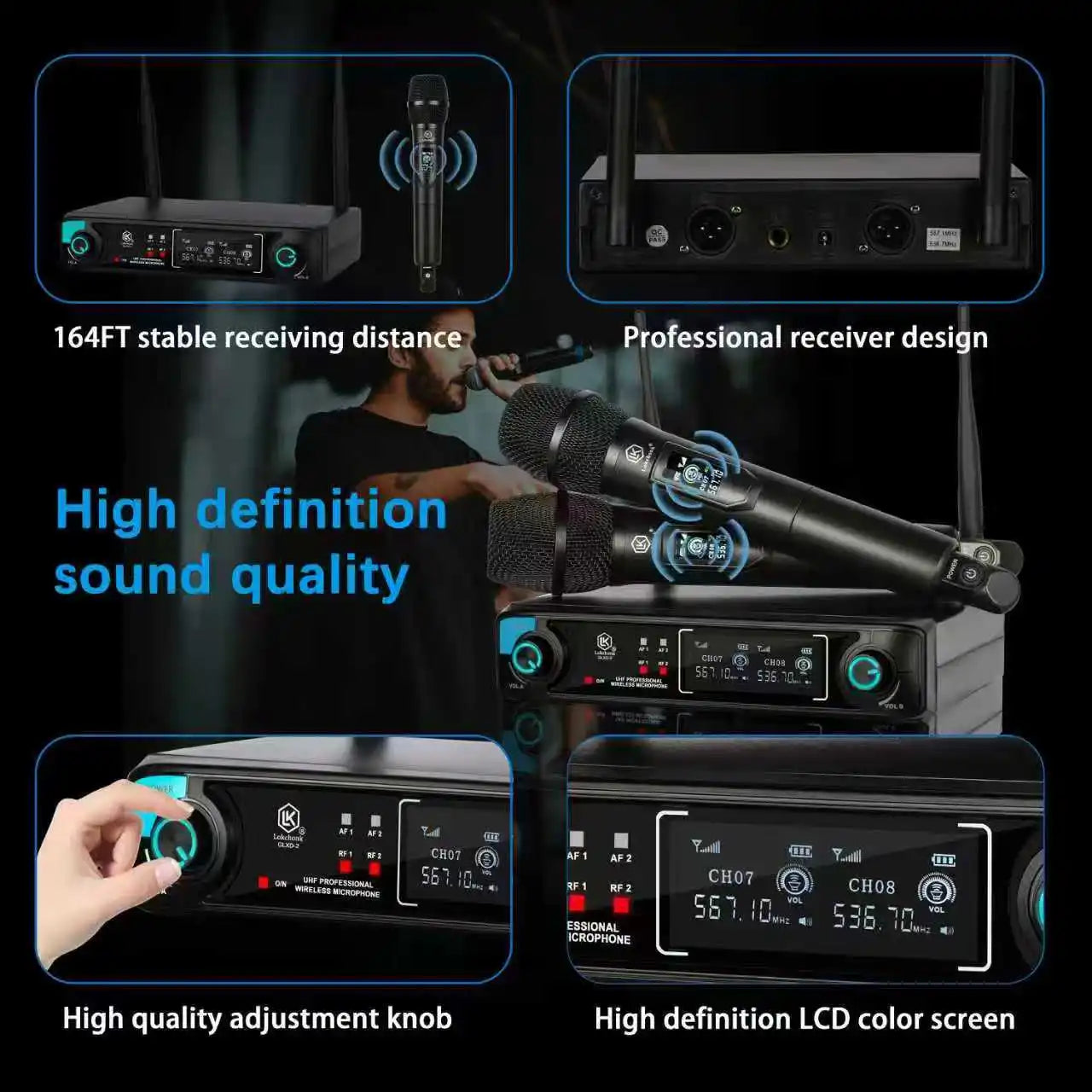 Lokchonk GLXD-2 Pro Professional Dual Channel Wireless Microphone System with 2 Handheld Mics for Stage Karaoke Speech Teaching
