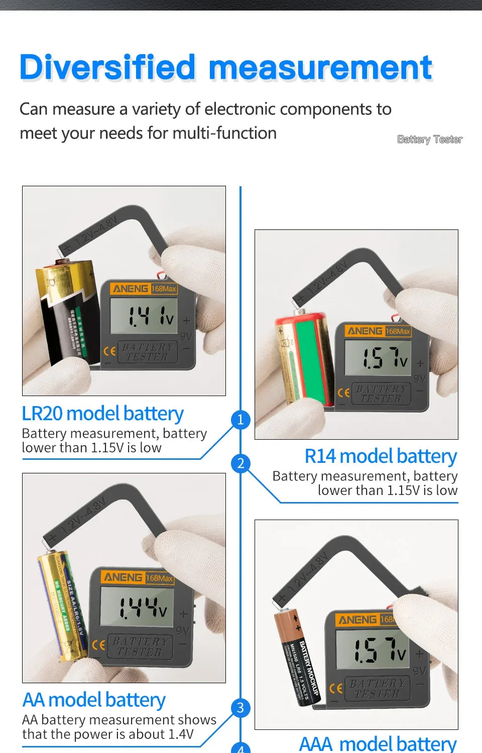 ANENG 168Max Digital Lithium Battery Tester Capacity Universal test Checkered load analyzer Display Check AAA AA Button Cell