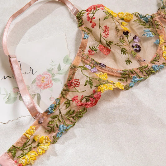 2-Piece Floral Lingerie Set Sheer Embroidery Underwear Intimates Underwire Push-up Versatile Bra Panty Set For Lady Girl