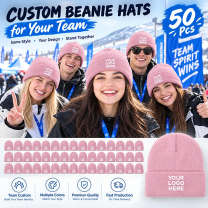 50 custom knit hats, can print personal or team logos, perfect for teams, companies, events, and group gifts