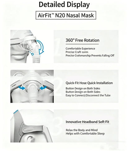 ResMed AirFit N20 Nasal Mask Set, CPAP Compatible, Reusable Frame Elbow Assembly Kit with Headgear Frame Tube N20 Cushion