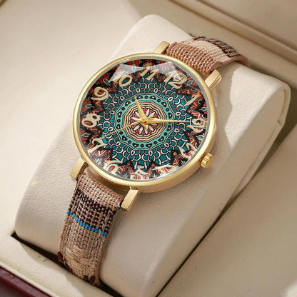 1/2/3/5PCS Fashion Women Watches Vintage Flowers Printed PU Strap Quartz Watch Reloj Mujer（Without Box）