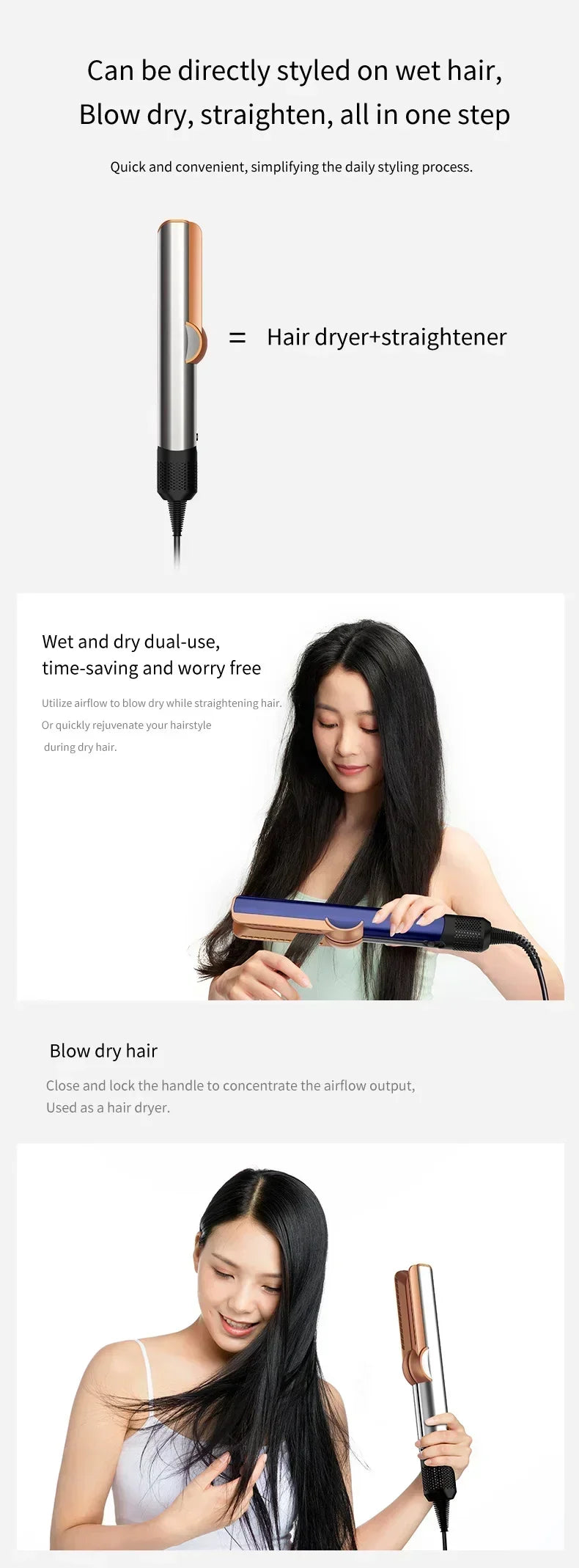 2 IN 1 Professional Hair Straightener & Hair Dryer Heat-Up Hair Flat Iron, Negative Ion Iron Long-Lasting Styling Tool 1.8M&2.7M