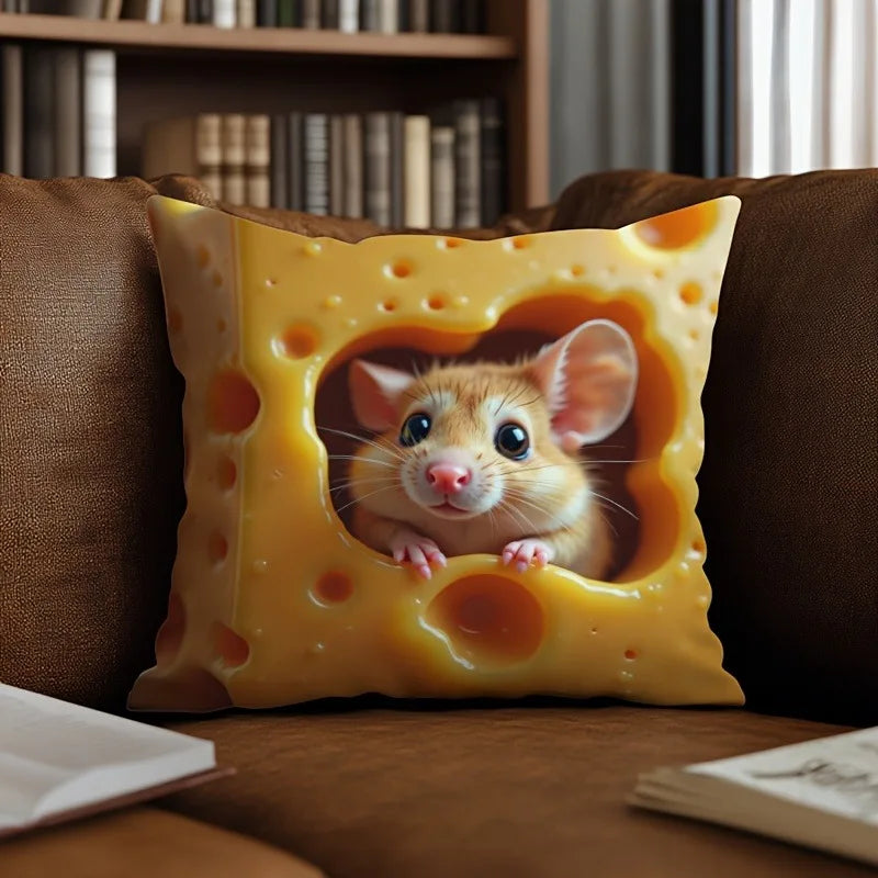 Cute Mouse-in-Cheese Pillow: Add a Whimsical Touch to Your Home! Sofa cushion cover, home room dormitory decoration, 2D printing