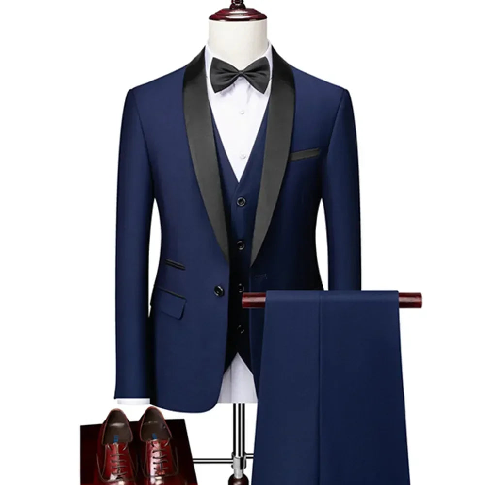 ( Jacket + Vest + Pants ) Men's 3 Piece Tuxedo Suit Set, Beige Blazer with Black Shawl Lapel for Wedding, Groom, Formal Party