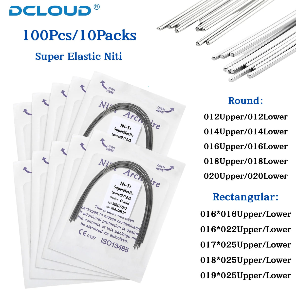 100Pcs/10Packs Dental Orthodontic Ovoid Form Archwires Niti Super Elastic Round Rectangular Wire 012/014/016/018/16X16/16X22