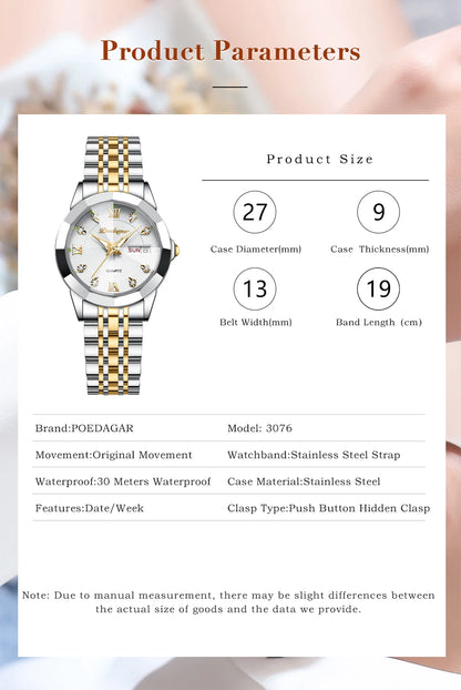 POEDAGAR Luxury Brand Women's Watches Waterproof Luminous Date Week Quartz Watch For Woman Stainless Steel Fashion Ladies Watch