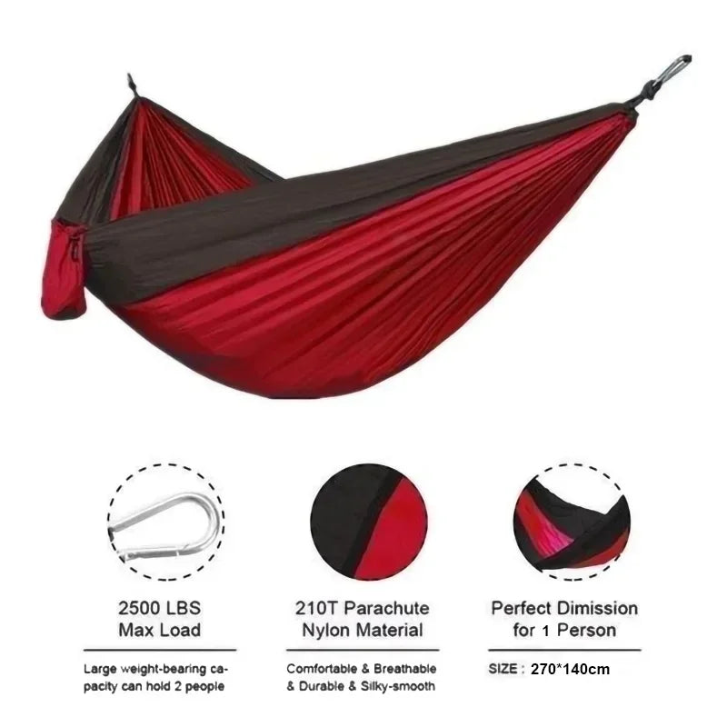 Portable Outdoor Hanging Hammock Bed, Single Person Camping Swing, Matching Nylon Cloth, Tough High Density Parachute Fabric