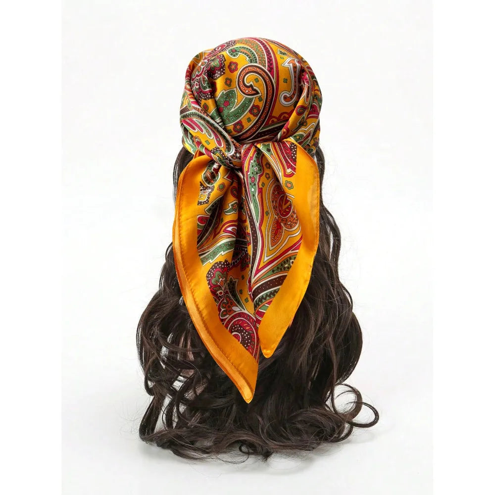 New Luxury Print Imitation Silk Square Scarf Thin Vintage Headkercheif Hijab Foulard Bandana Hair Scarf Headband Women