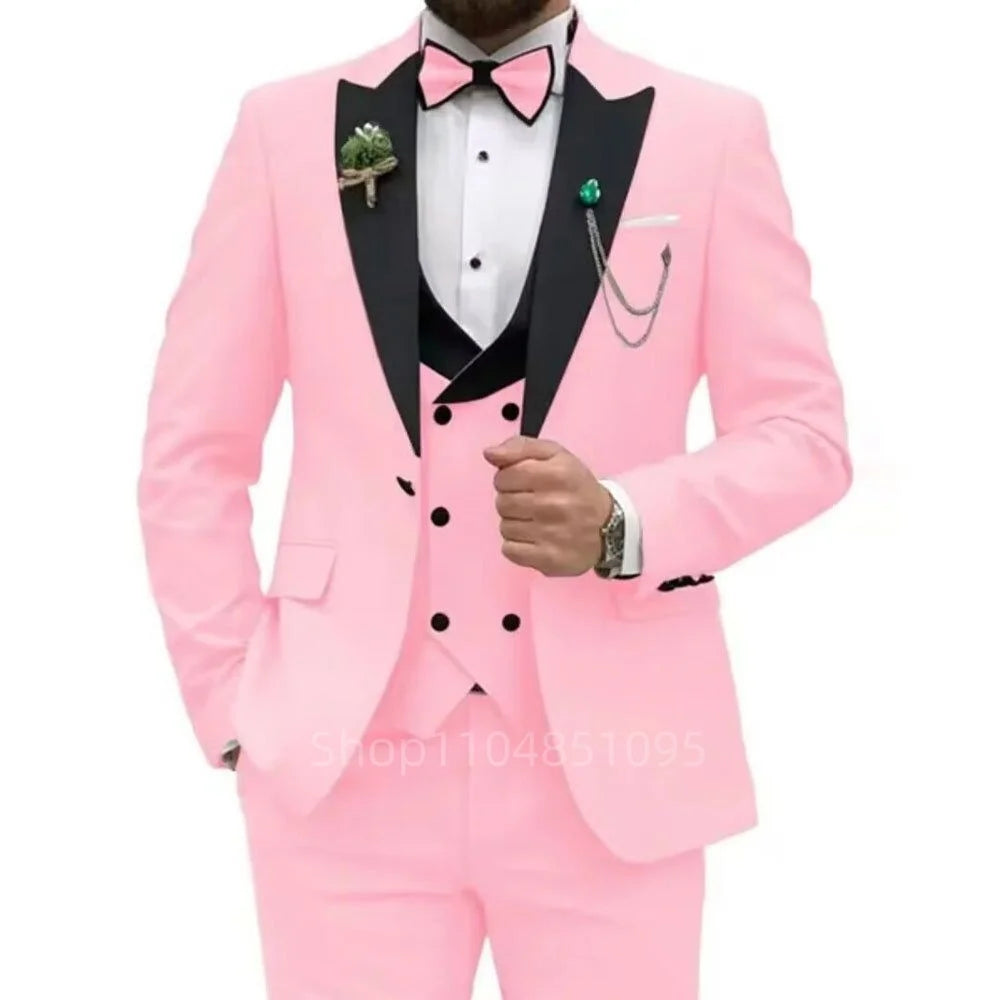 3 Pieces Men's Wedding Suits Formal Groom Tuxedo Slim Fit Business Blazer Double Breasted Vest Pants Set for Party