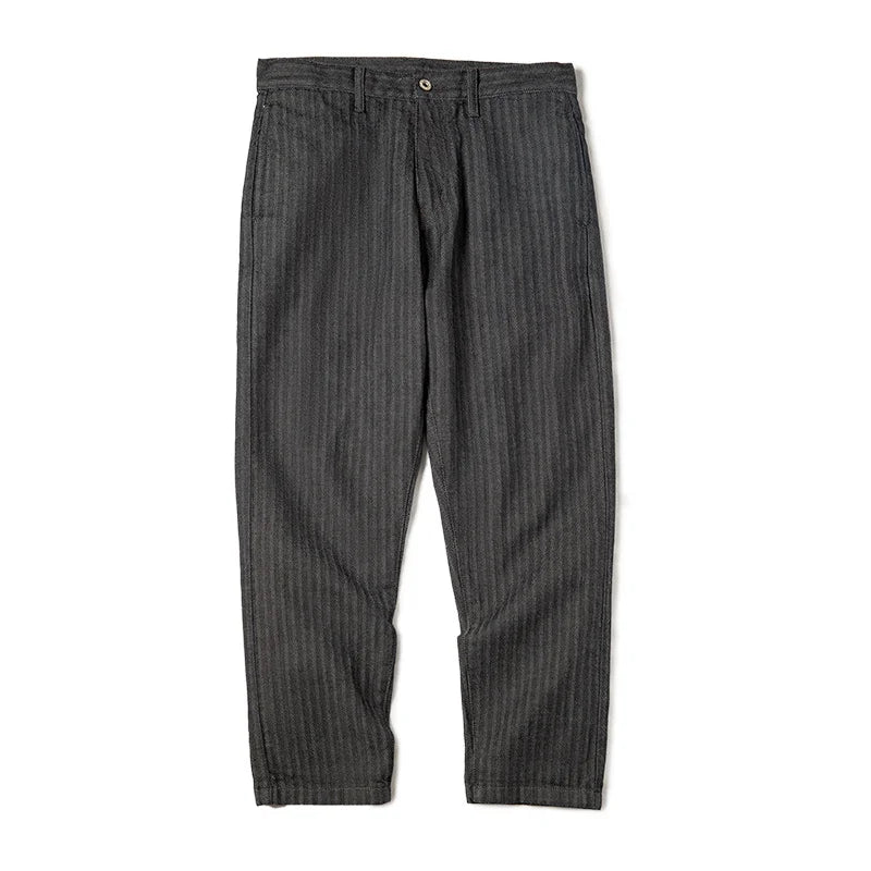 Maden Men's Vintage 12.8oz Grey Striped Jeans Straight Zip Fly with Pockets Tapered Pants Versatile Herringbone Cotton Trousers
