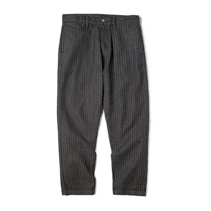 Maden Men's Vintage 12.8oz Grey Striped Jeans Straight Zip Fly with Pockets Tapered Pants Versatile Herringbone Cotton Trousers