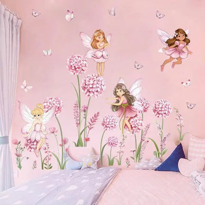Z. Cartoon Pink Flower Fairy Dandelion Wall Stickers Girl Room Floral Butterfly Wall Decals Bedroom Baby Nursery Kids Home Decor