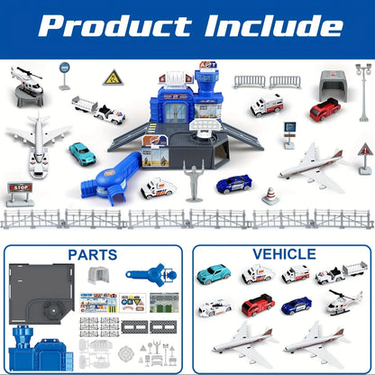 Airplane Toy Set with Trucks Helicopter Planes Signs Airport Playmat Interactive Early Learning Toys Birthday Gift for Boy Girl