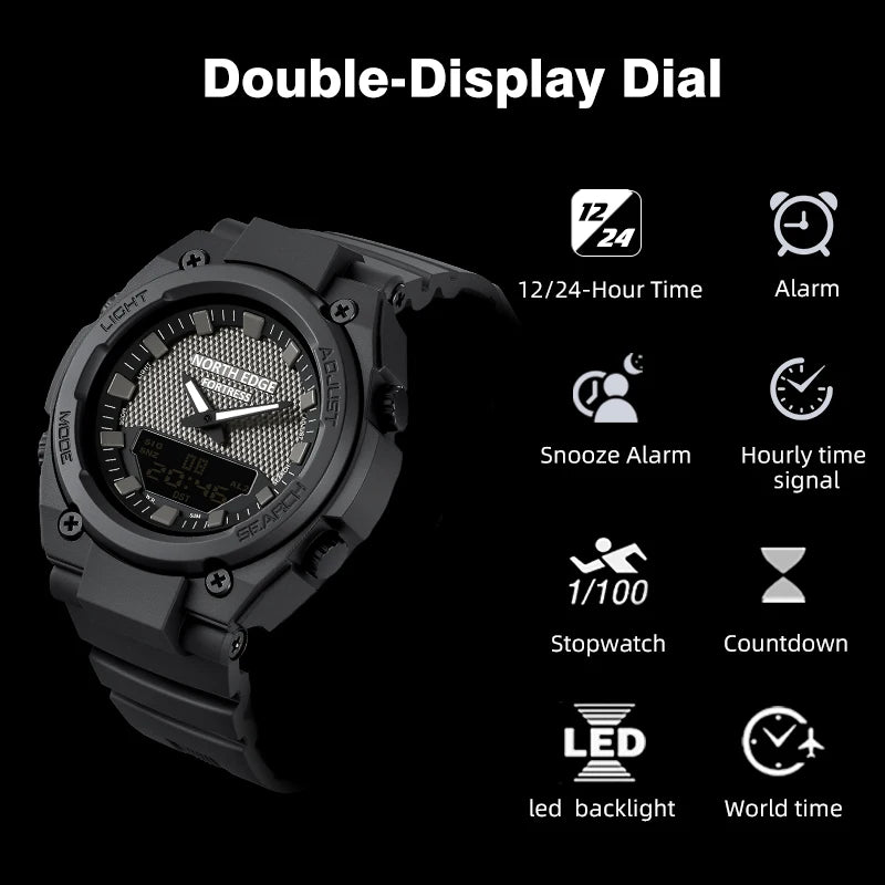 NORTH EDGE FORTRESS 2026 Men's Military Digital Watch Outdoor Sports Waterproof 50M Watches World Time Countdown LED Wristwatch
