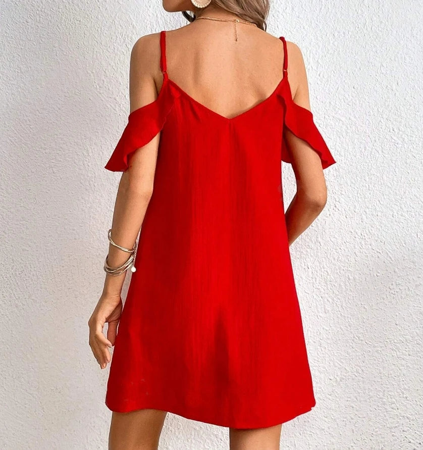 Women's Red Cold Shoulder Cami Dress Spaghetti Strap V Neck Ruffle Sleeve Loose Fit Casual Spring Summer Beach Mini Dress