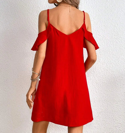 Women's Red Cold Shoulder Cami Dress Spaghetti Strap V Neck Ruffle Sleeve Loose Fit Casual Spring Summer Beach Mini Dress