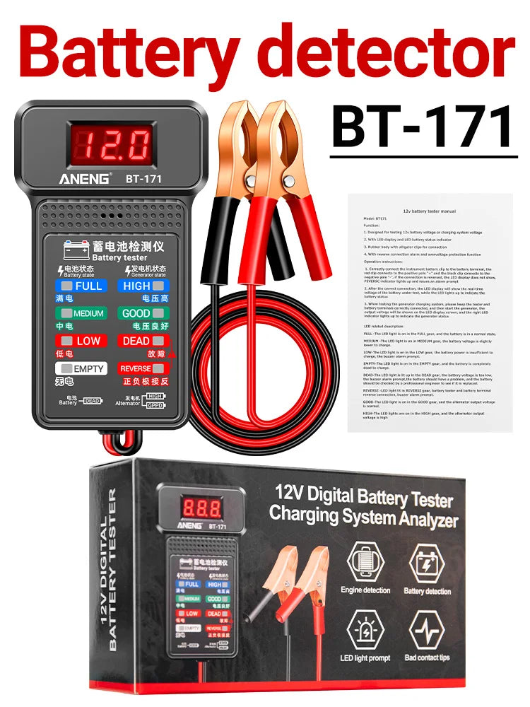 ANENG BT-171 12V Samochodowy tester akumulatora Sygnał dźwiękowy Zabezpieczenie przed odwrotnym podłączeniem Samochodowe narzędzie do testowania jakości akumulatora