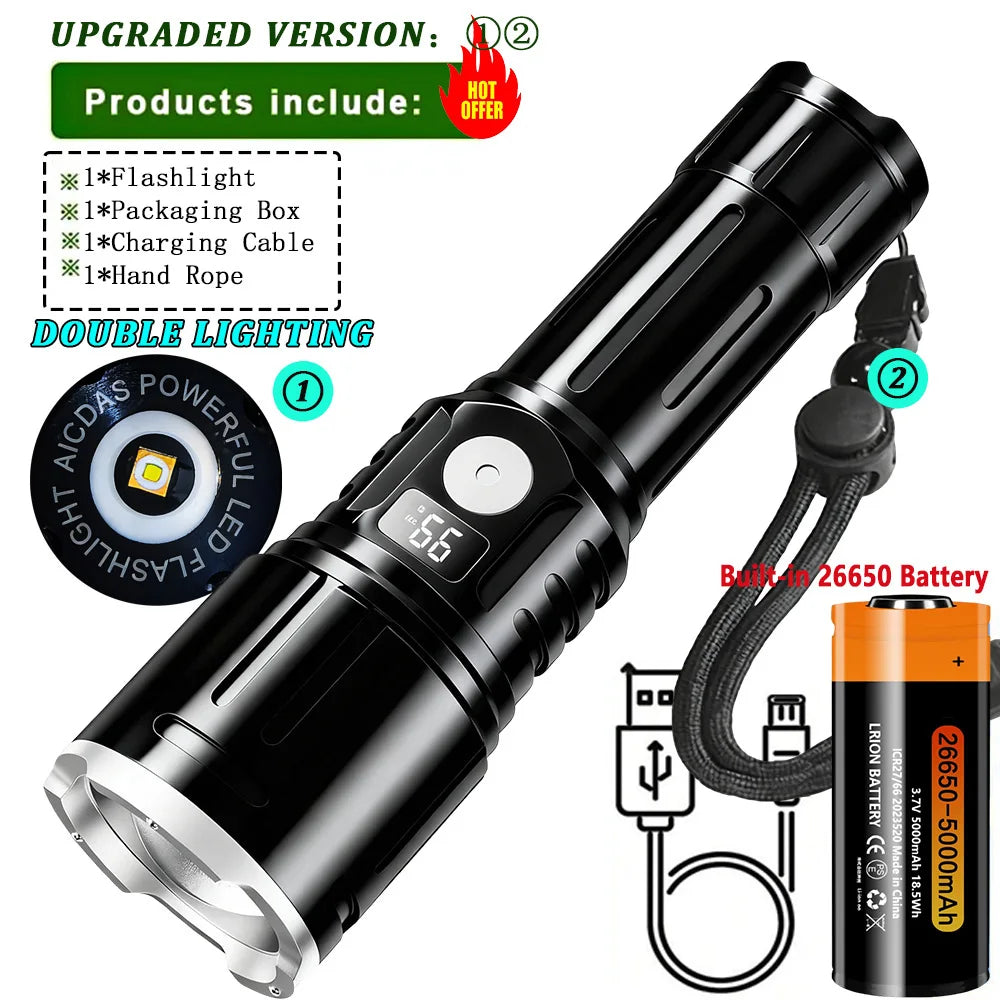 10000LM Most Powerful Led Flashlights Tactical 15000mah Built-in Battery 800W Flash Light Emergency Spotlights 4km Holiday Gifts