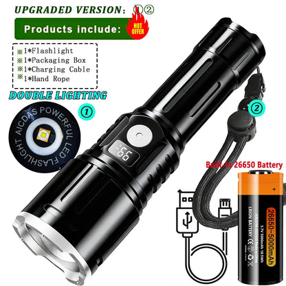 10000LM Most Powerful Led Flashlights Tactical 15000mah Built-in Battery 800W Flash Light Emergency Spotlights 4km Holiday Gifts