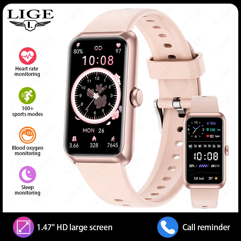 LIGE Fashionowy Smartwatch z Pełnym Ekranem Dotykowym Męski Damski Przypomnienie o Połączeniach Bransoletka Damska 100+ Trybów Sportowych Monitor Tętna Smartwatch