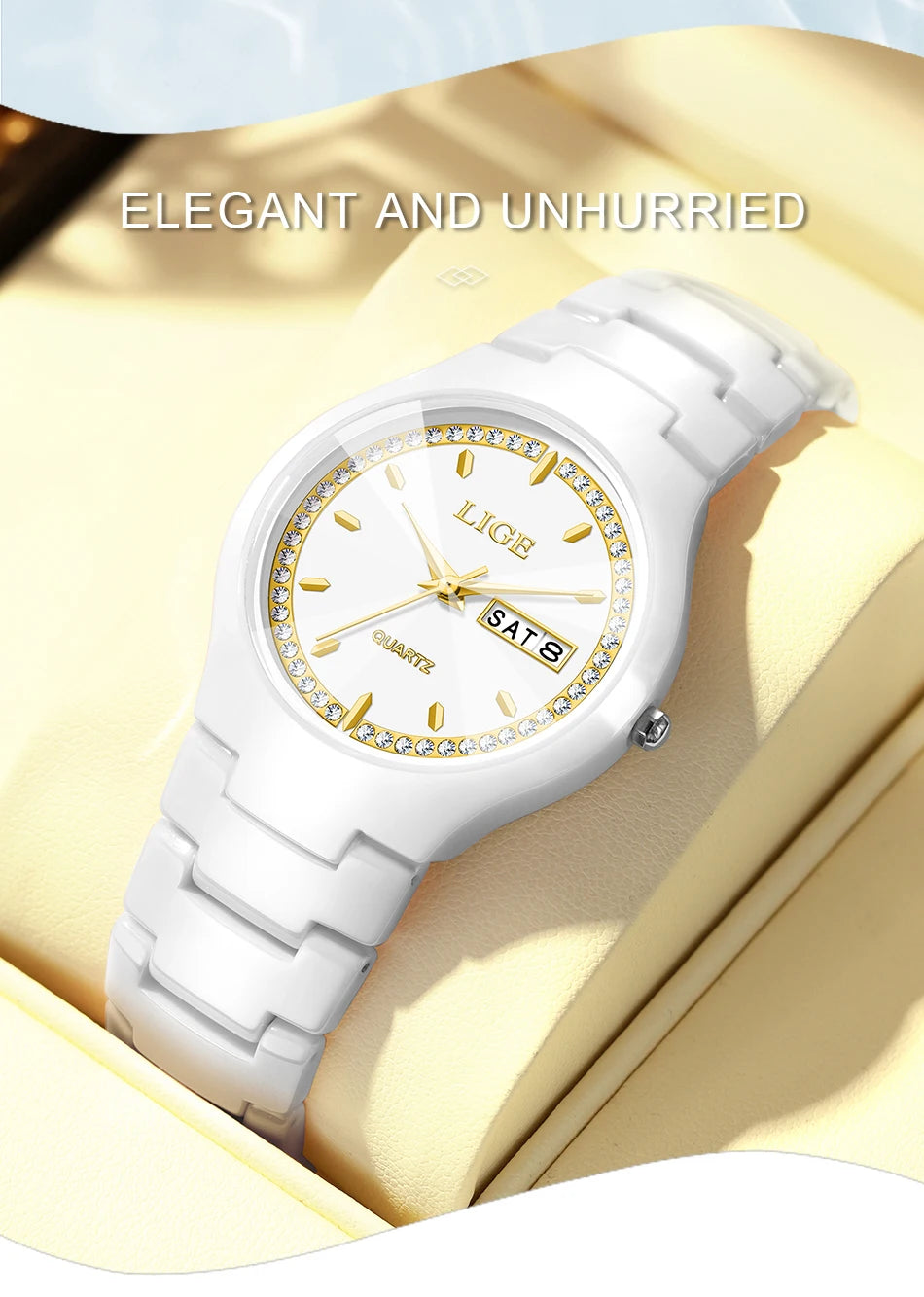 LIGE Women's wristwatch elegant women's watch ceramic quartz waterproof clock week calendar fashion Watch for Women reloj mujer