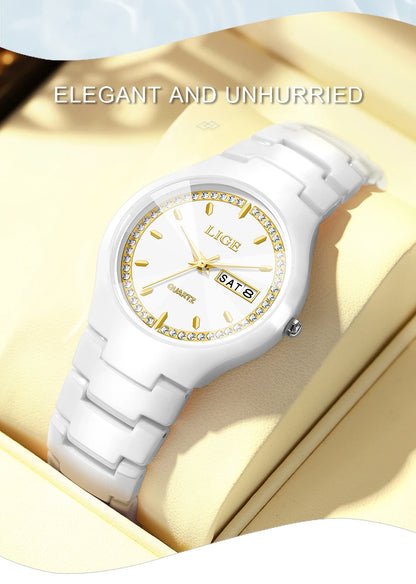 LIGE Women's wristwatch elegant women's watch ceramic quartz waterproof clock week calendar fashion Watch for Women reloj mujer