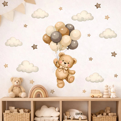Adorable Teddy Bear Balloons Stars Clouds Wall Sticker Nursery Child Room Art Vinyl Decal Kids Room Bedroom Living Home Decor