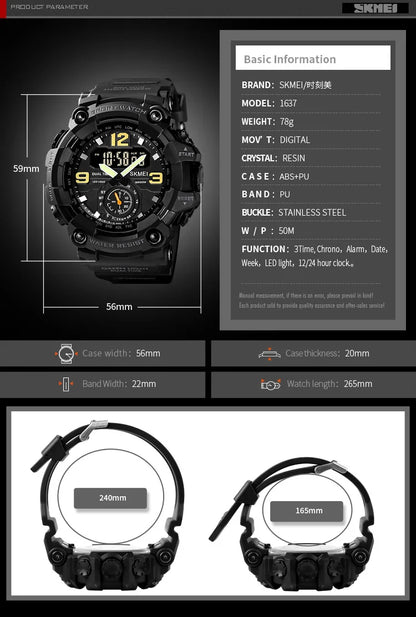 Skmei Dual Movement 3 Time Sport Wristwatch Mens Waterproof Electronic Watches Montre Homme Shockproof Digital Men Watch 1637