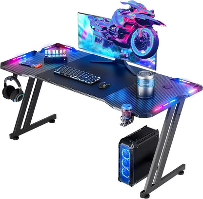 47"/55"/63" Gaming Desk with LED Lights, Carbon Fibre Surface Gaming Table, Large Computer Desk Ergonomic Home Office Desks, Z Shaped PC Gamer Workstations with Cup Holder & Headphone Hook, Black