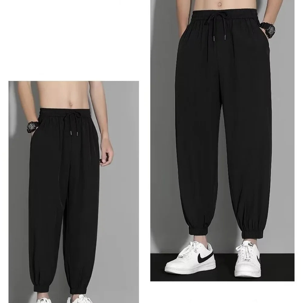 Mens Ice Silk Jogger Pants Summer Lightweight Casual Trousers Loose Fit Quick Dry Breathable Sport Fitness Bottoms Wear