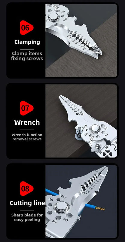 Ergonomic Grip Stainless Steel Electric Plier 8.5" Multi-purpose Wire Stripping Cutting Crimping Hand Tool