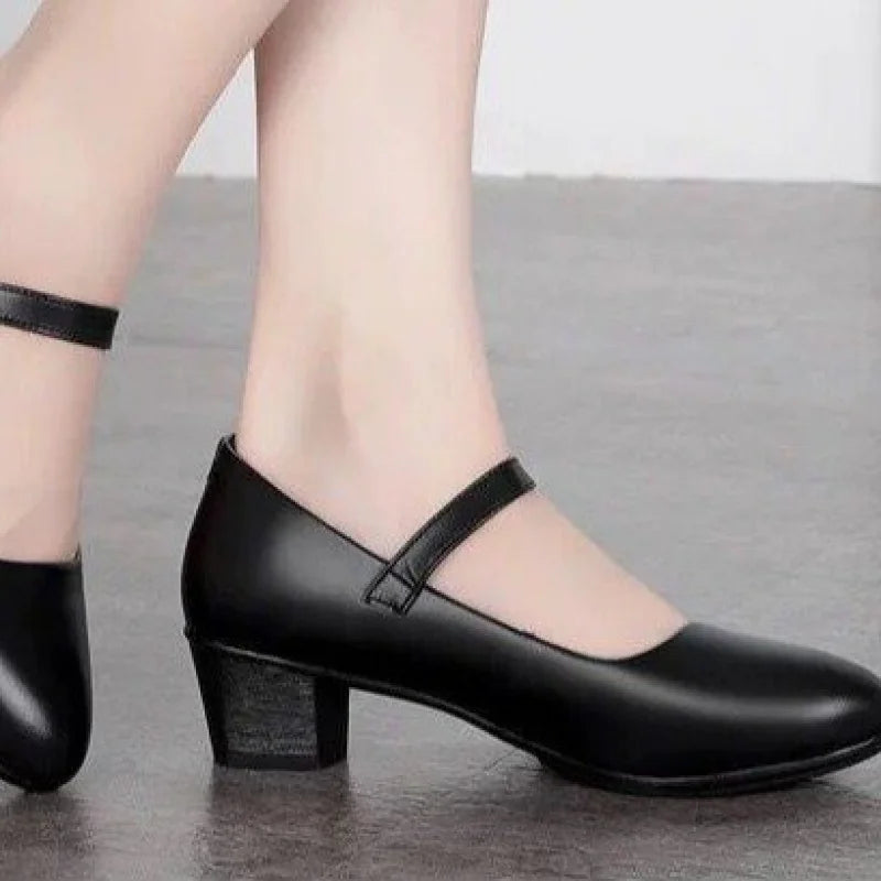 2025 New Women's Medium Heel Pumps - Soft Leather Non-Slip with Adjustable Buckle, Comfortable for Daily & Casual Wear