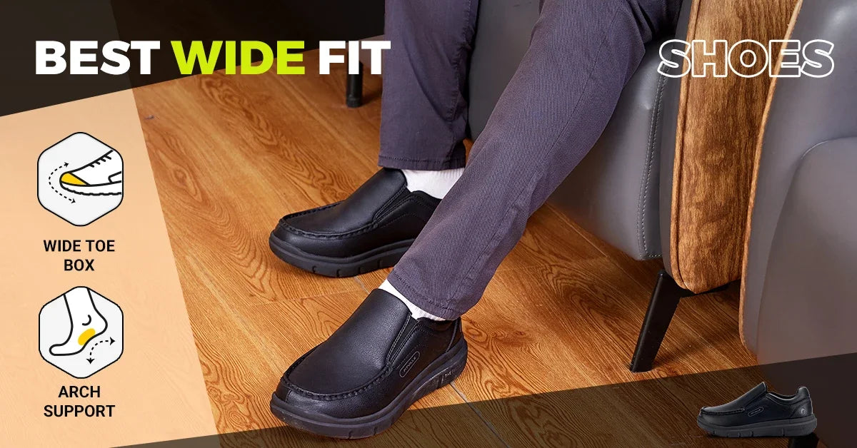 Fitville Men'S Slip-On Shoes Wide Width Leather Casual Shoes Lightweight For Swollen Feet With Arch Support Pain Relief
