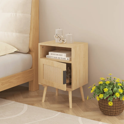 Nightstand with Door and Open Shelf Rattan Bedside Table for Compact Bedrooms Apartments
