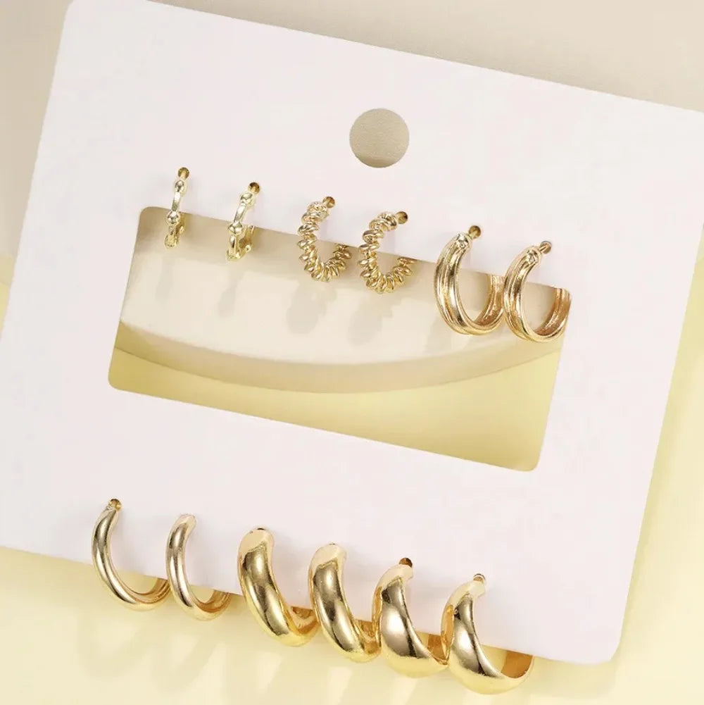 6Pcs/set Stainless Steel Crystal Zirconia Hoop Earring for Women Metal Circle Geometric Cartilage Piercing Earrings Set Jewelry
