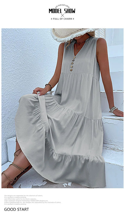 Casual Summer Midi Dress Women Sleeveless Tank V Neck Buttons Ruffle Loose Dresses Beach Soild Sundress Fashion